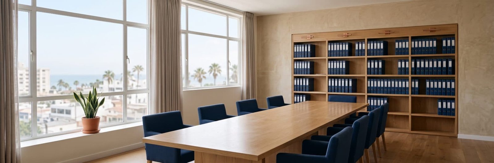 Sala de juntas del despacho en Mazatlán con archivos ordenados