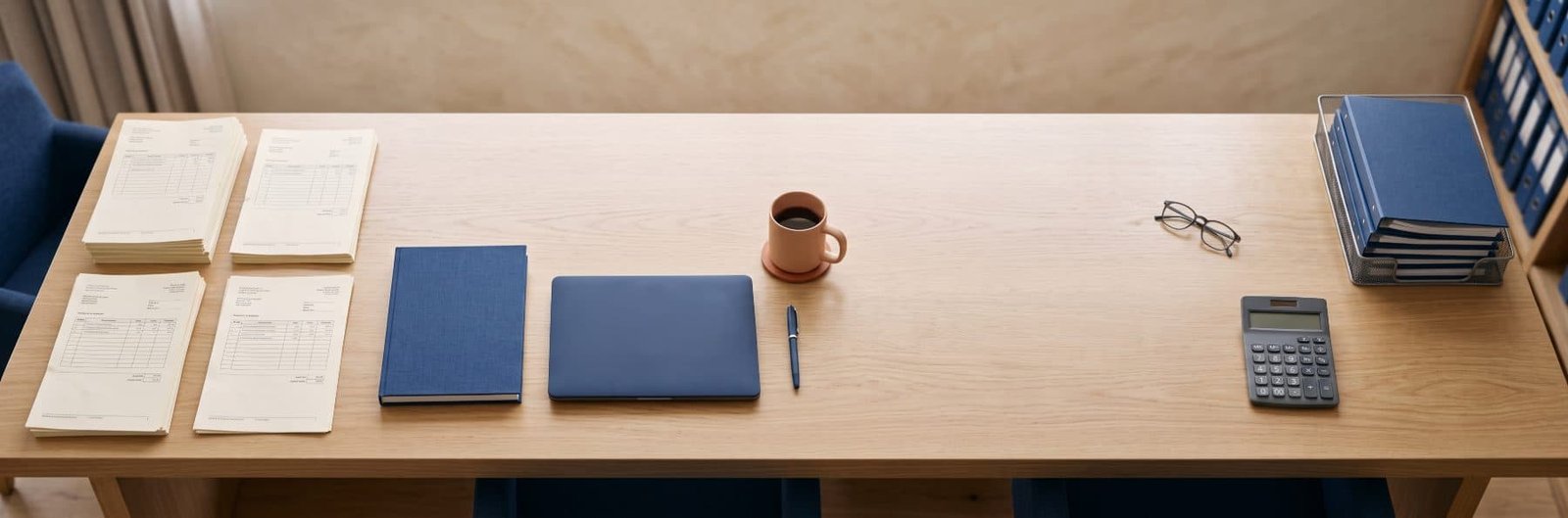 Escritorio con declaraciones, calculadora y expedientes